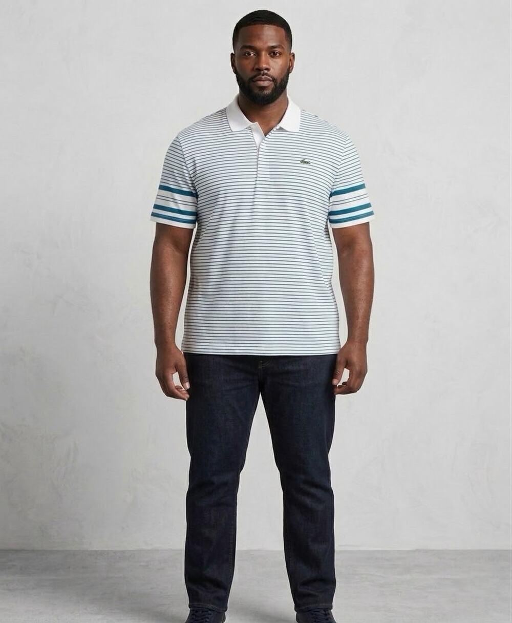 Lacoste Mens Polo Shirt Size 4XL White Teal Striped Cotton Pique Regular Fit VGC